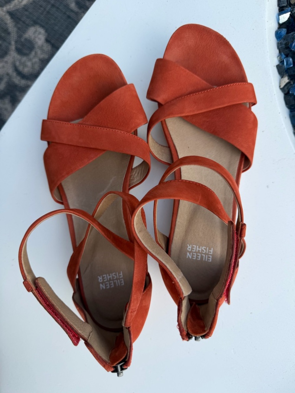 Eileen Fisher Rust Orange Suede Strappy Ankle Sandals - Picture 10 of 13